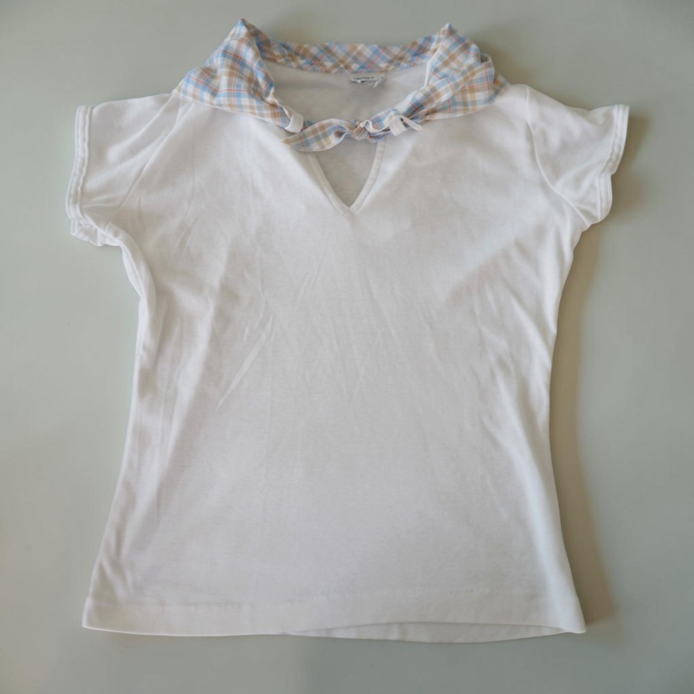 Salem Sailor Collar Top Plaid Tie Front White Blue Small 90s Preppy